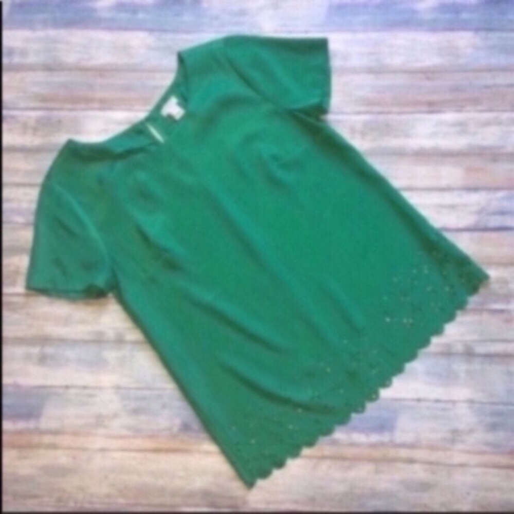 J.Crew Scalloped Hem Eyelet Blouse XXS Green Short Sleeve Laser Cut Top Feminine